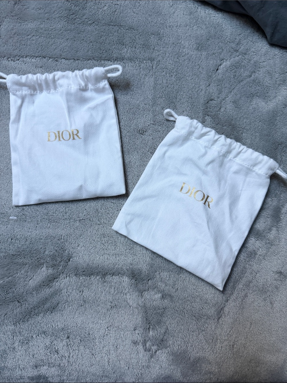 Dior White Drawstring Pouches with Gold Logo (Pair)